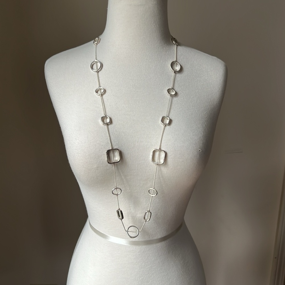 Women’s Long 36 inch Silver Geometic Stations Necklace